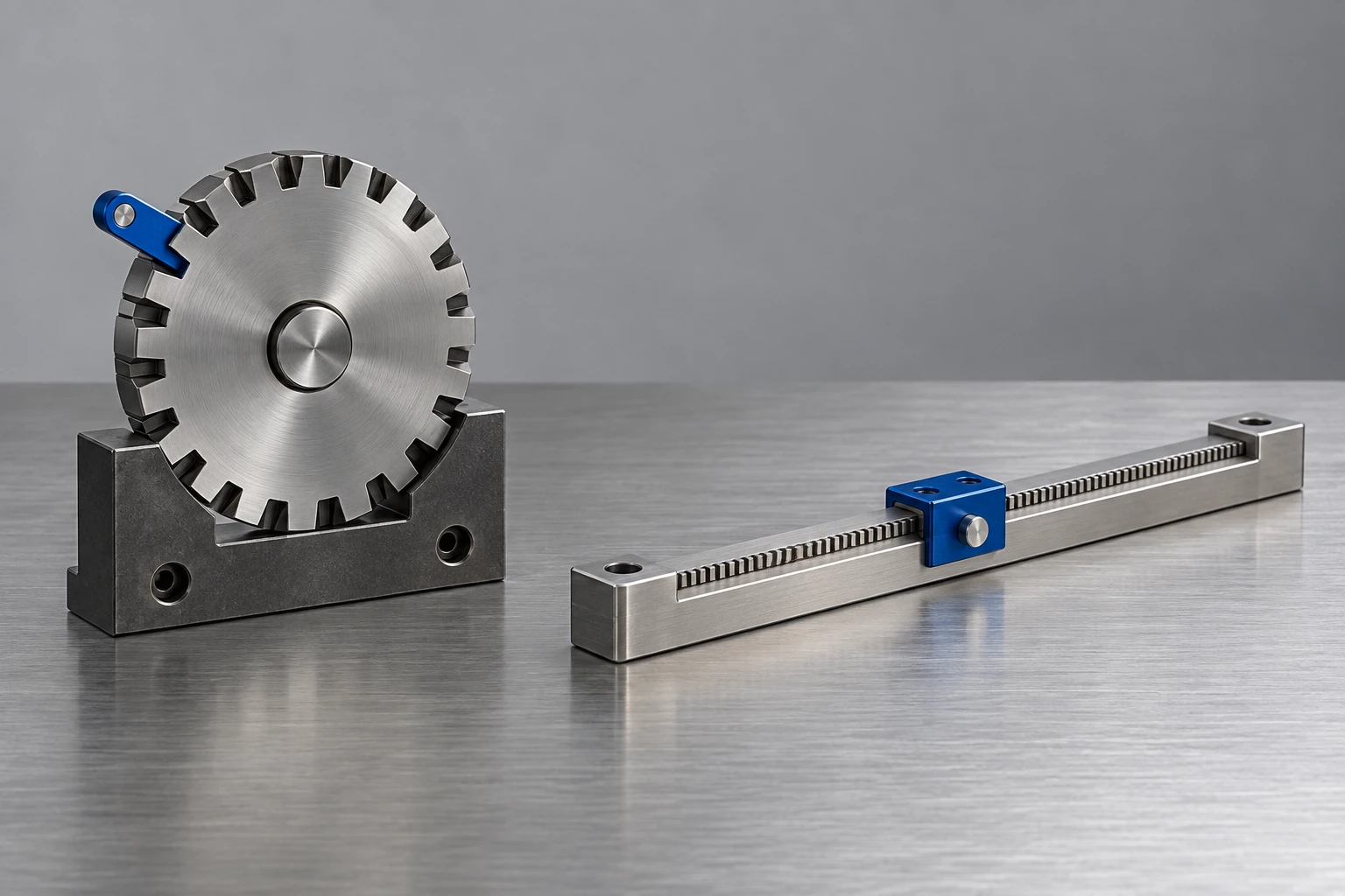 Two machined steel instruments on a bench: a notched index plate standing upright with a cobalt pointer at its rim, and beside it a long graduated linear rail with a cobalt carriage stopped part way along it